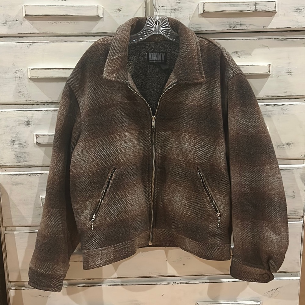 DKNY brown plaid wool coat L